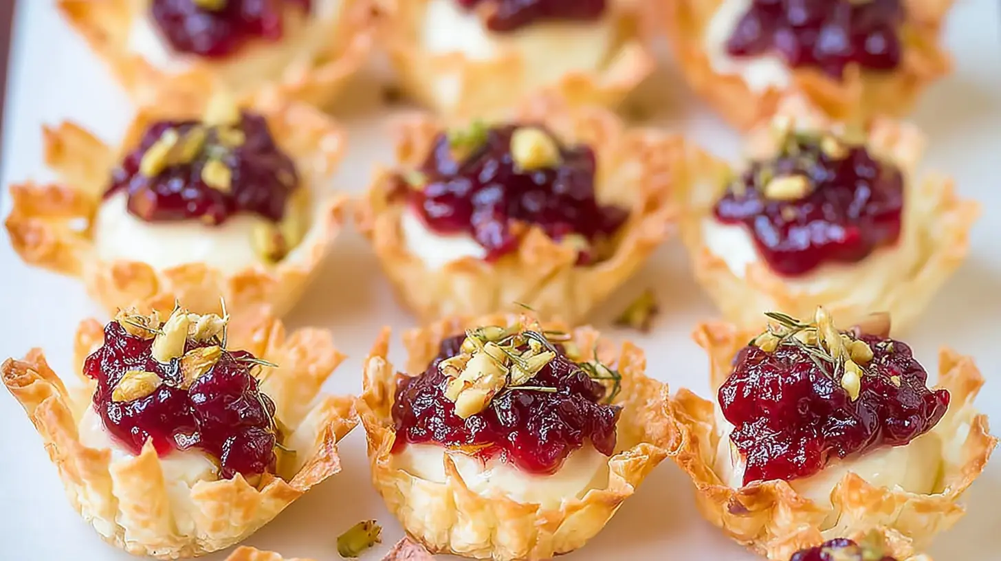 Golden baked brie bites with cranberry topping