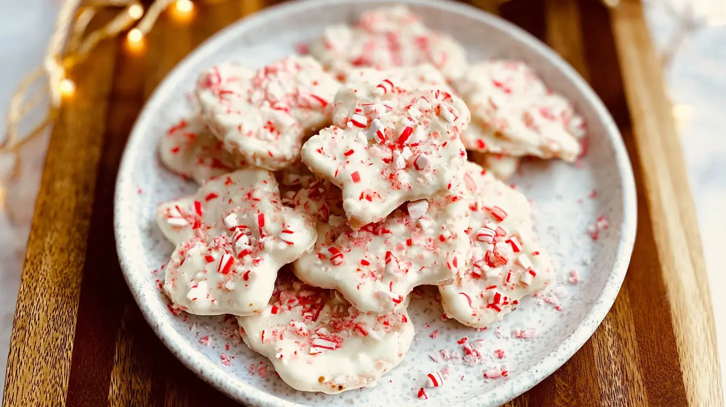 Delicious white chocolate peppermint pretzel crisps on a serving tray