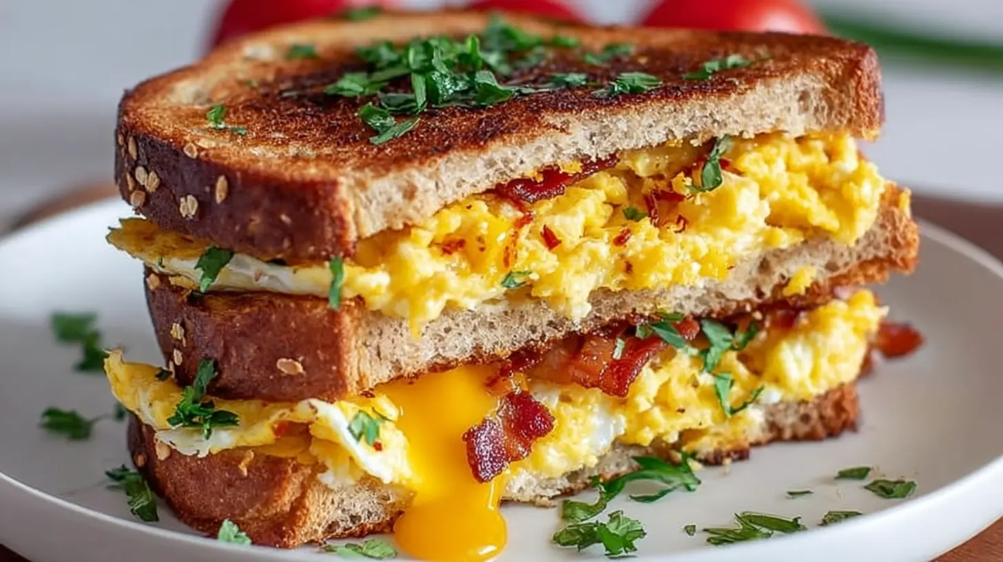 A freshly made 5 minute breakfast sandwich with egg, cheese, and bacon