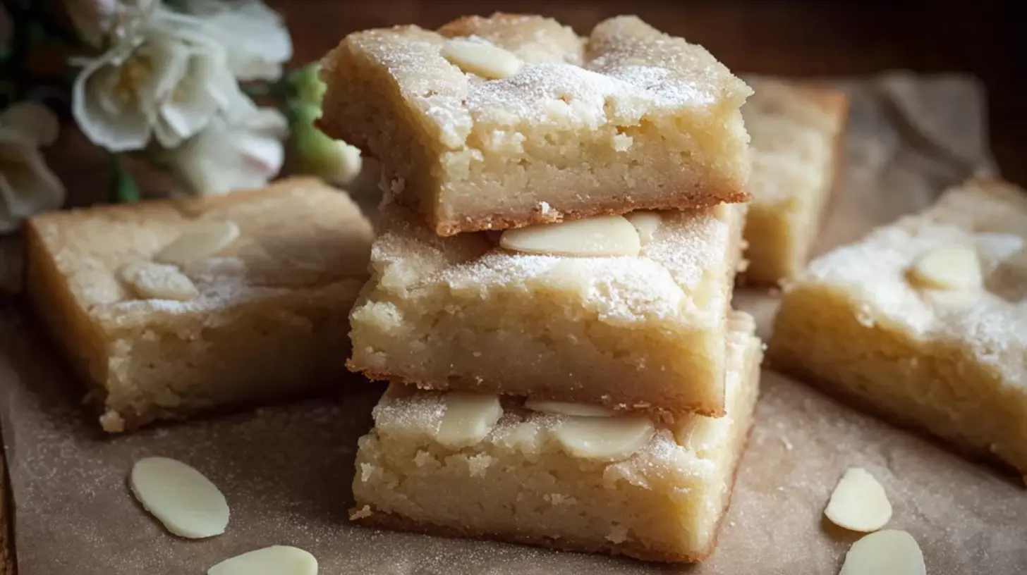 Freshly baked white chocolate brownies cooling on a wire rack