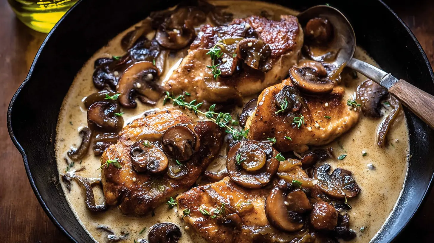 A plate of balsamic chicken with caramelized mushrooms and onions, ready for dinner