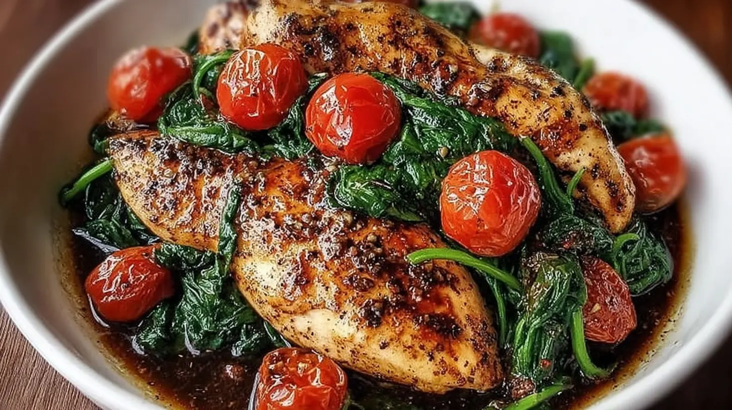 Balsamic garlic chicken with tomatoes and spinach in a skillet with a tangy sauce
