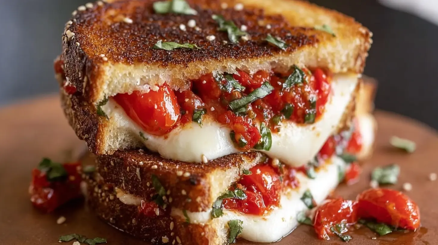 A delicious bruschetta grilled cheese sandwich with melted cheese