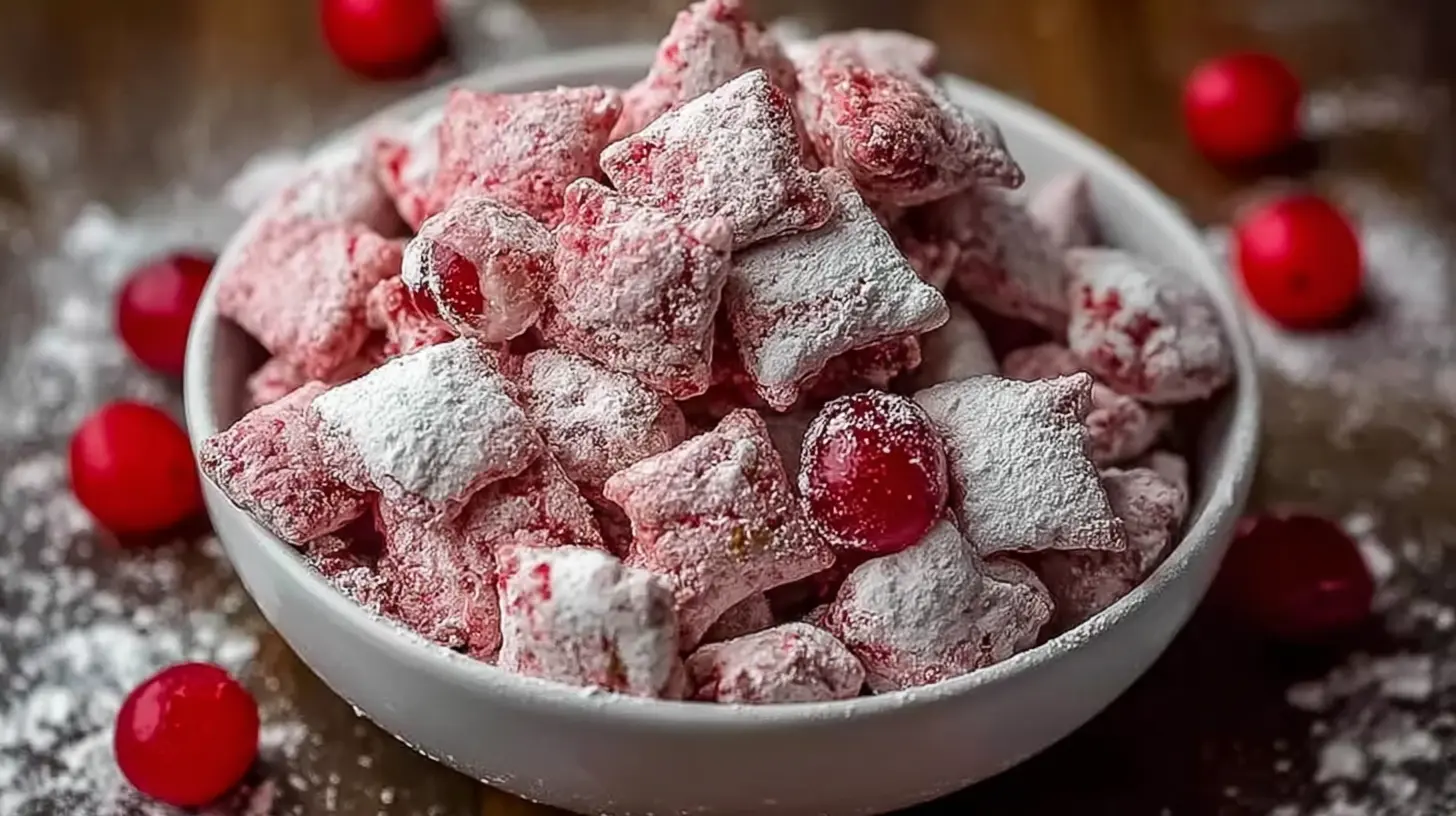 A vibrant pile of Cherry Cheesecake Puppy Chow snack mix