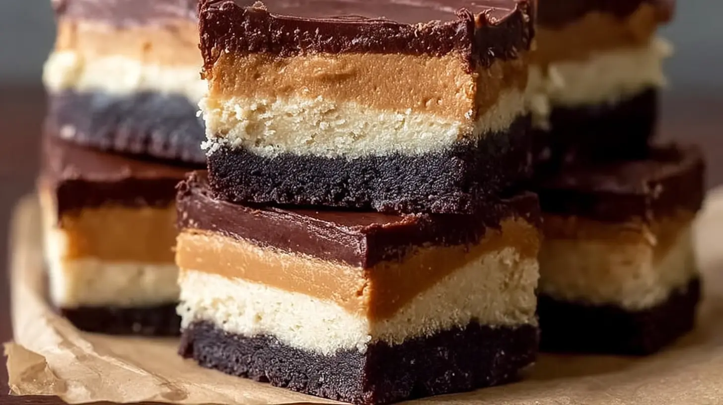 Delicious chocolate peanut butter cheesecake bars on a white plate.
