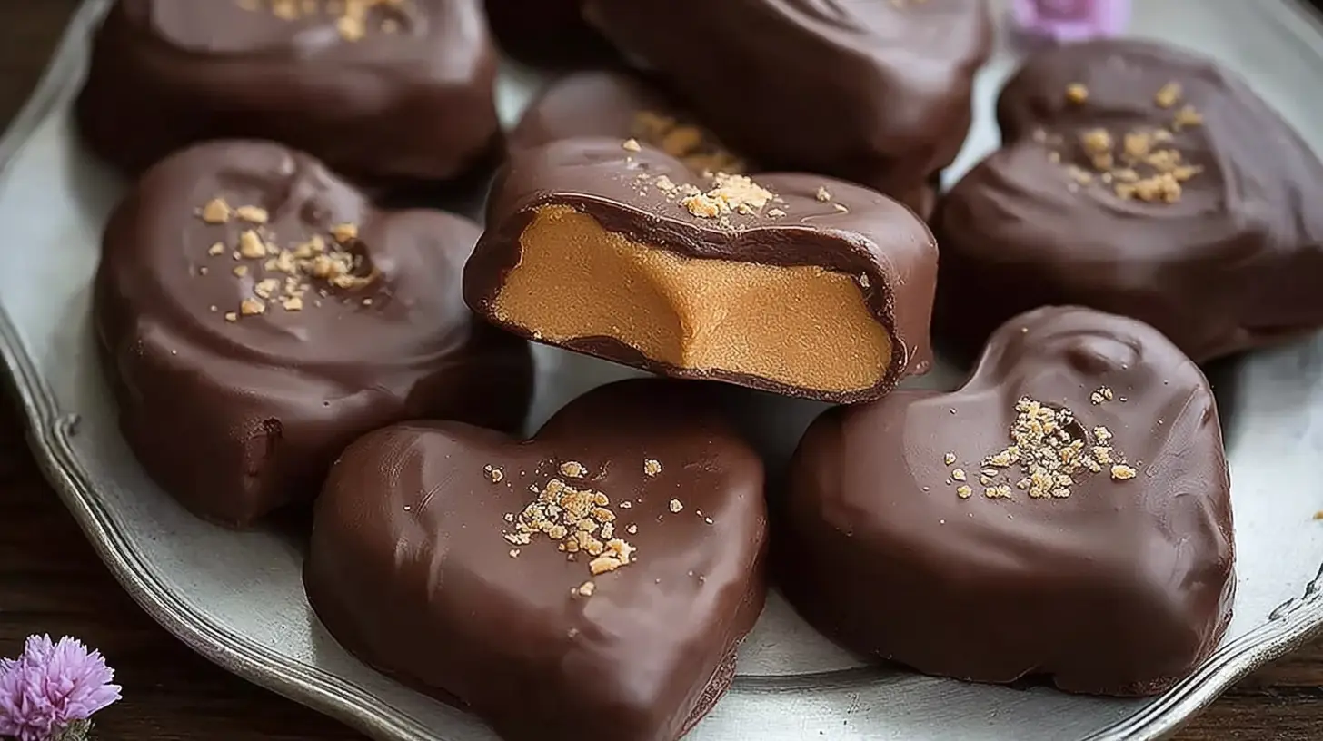 A collection of chocolate peanut butter Valentine's hearts arranged beautifully.