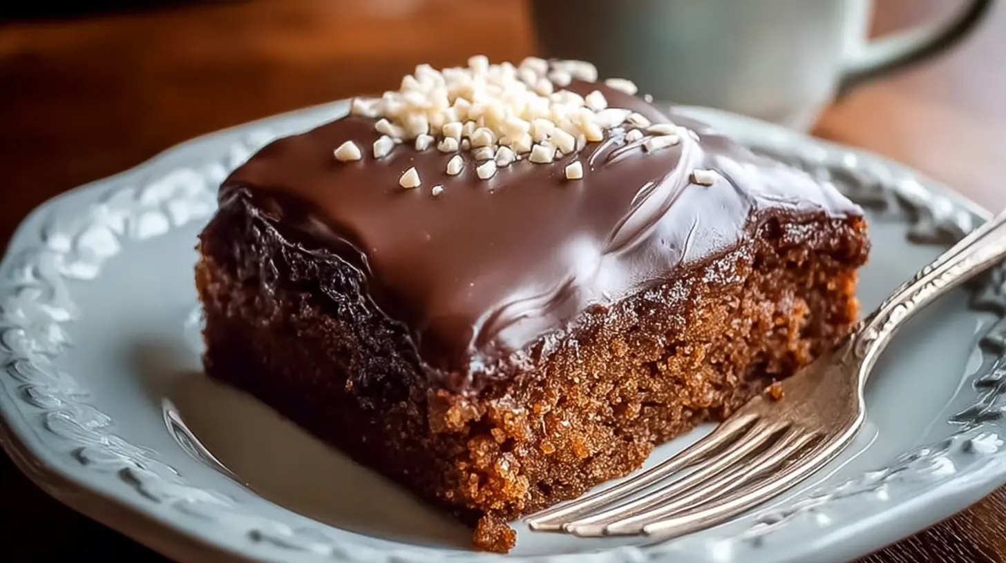 A full sheet pan of classic Texas Sheet Cake, rich chocolate with creamy icing.