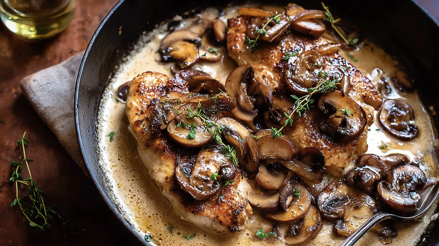 Close-up of balsamic chicken, artfully plated with tender mushrooms and glossy onions