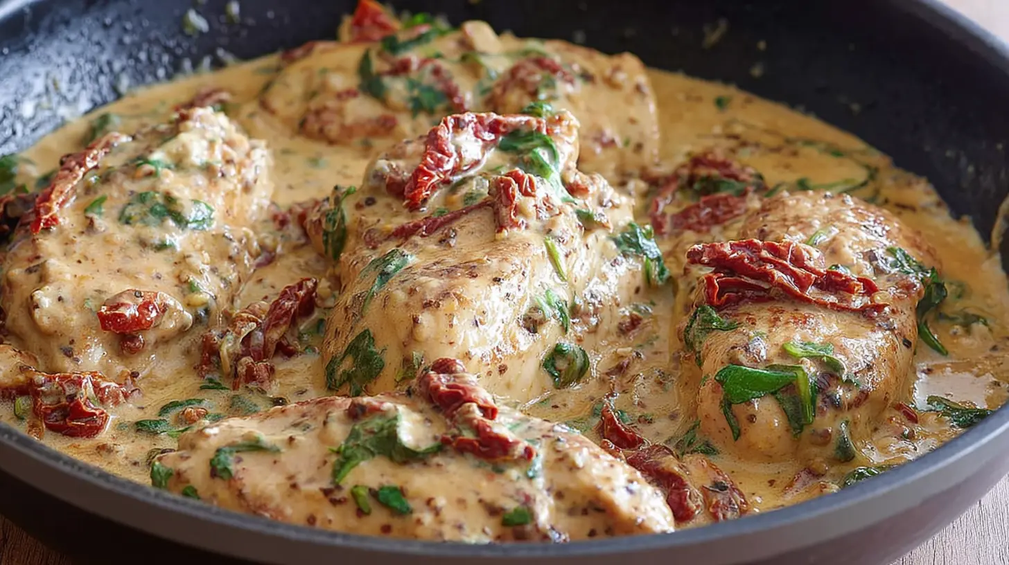 A skillet filled with creamy Tuscan chicken, sun-dried tomatoes, and spinach.
