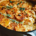 Creamy vegan scalloped potatoes prepared with plant-based ingredients.