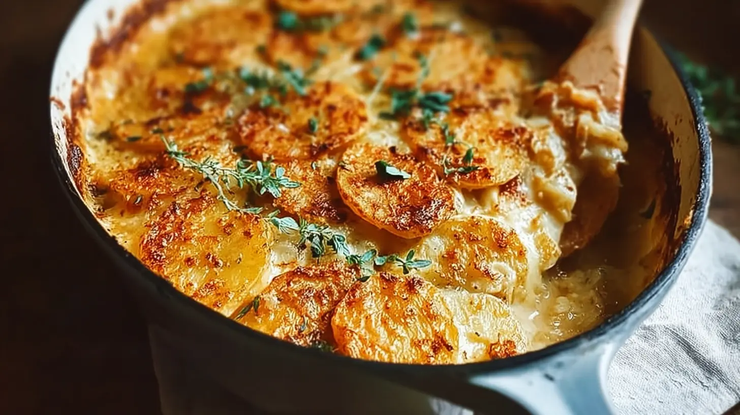 Creamy vegan scalloped potatoes prepared with plant-based ingredients.
