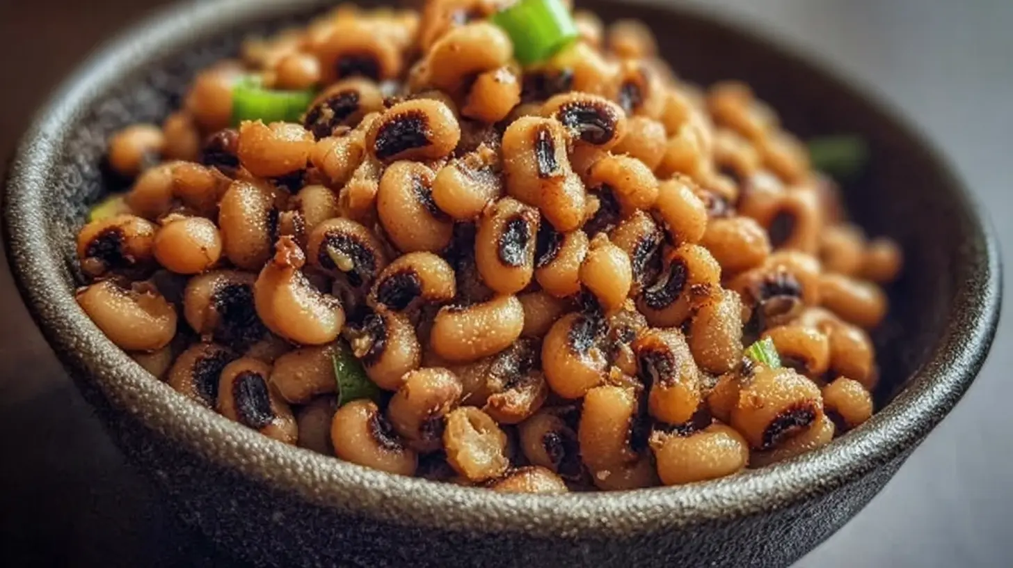A close-up of crispy air fryer black eyed peas in a bowl, perfectly golden brown