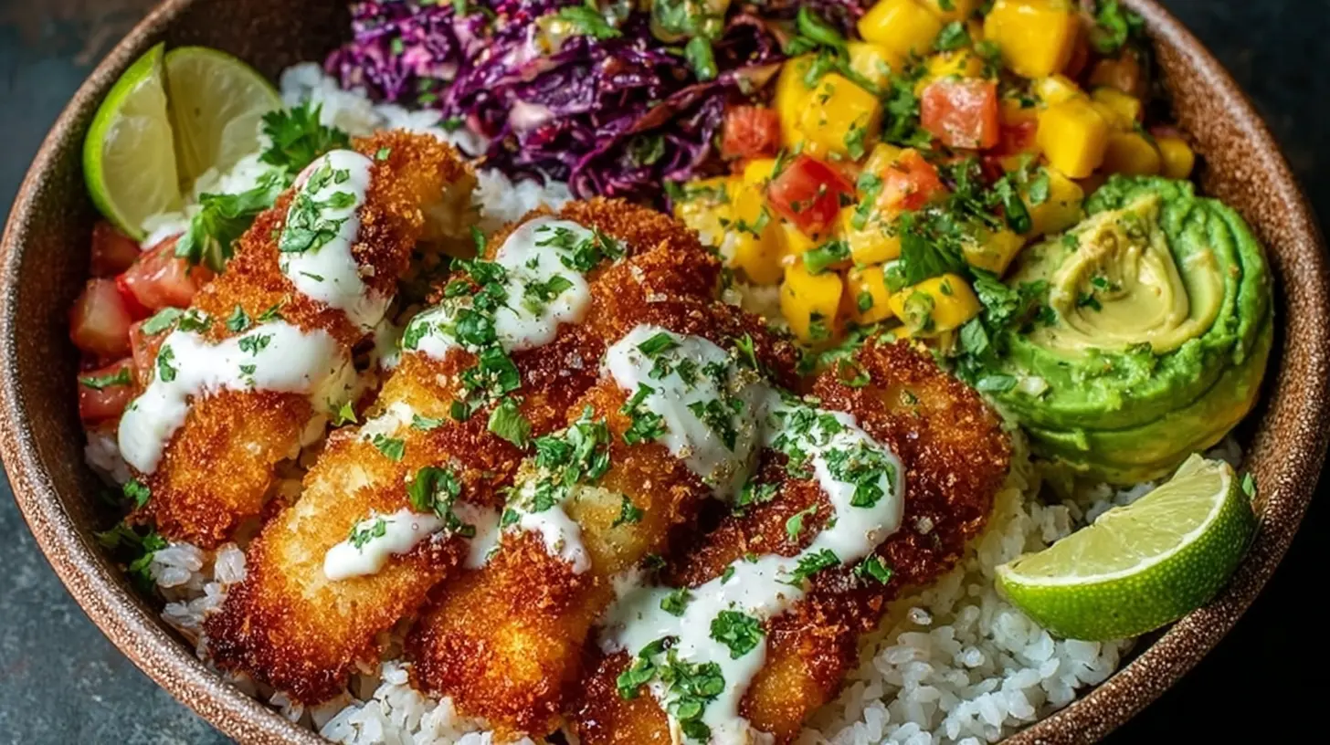 A vibrant Crispy Fish Taco Bowl with fresh toppings and a lime wedge.