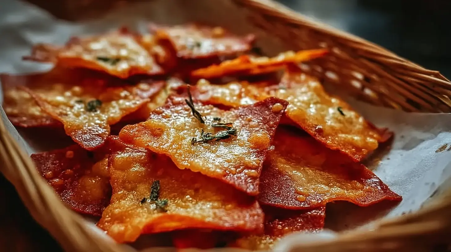 A bowl of crispy pizza chips next to a small dish of marinara sauce