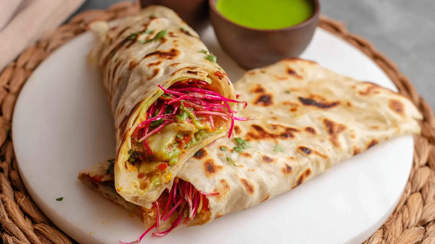A freshly made easy egg and paratha wrap, ready to eat.