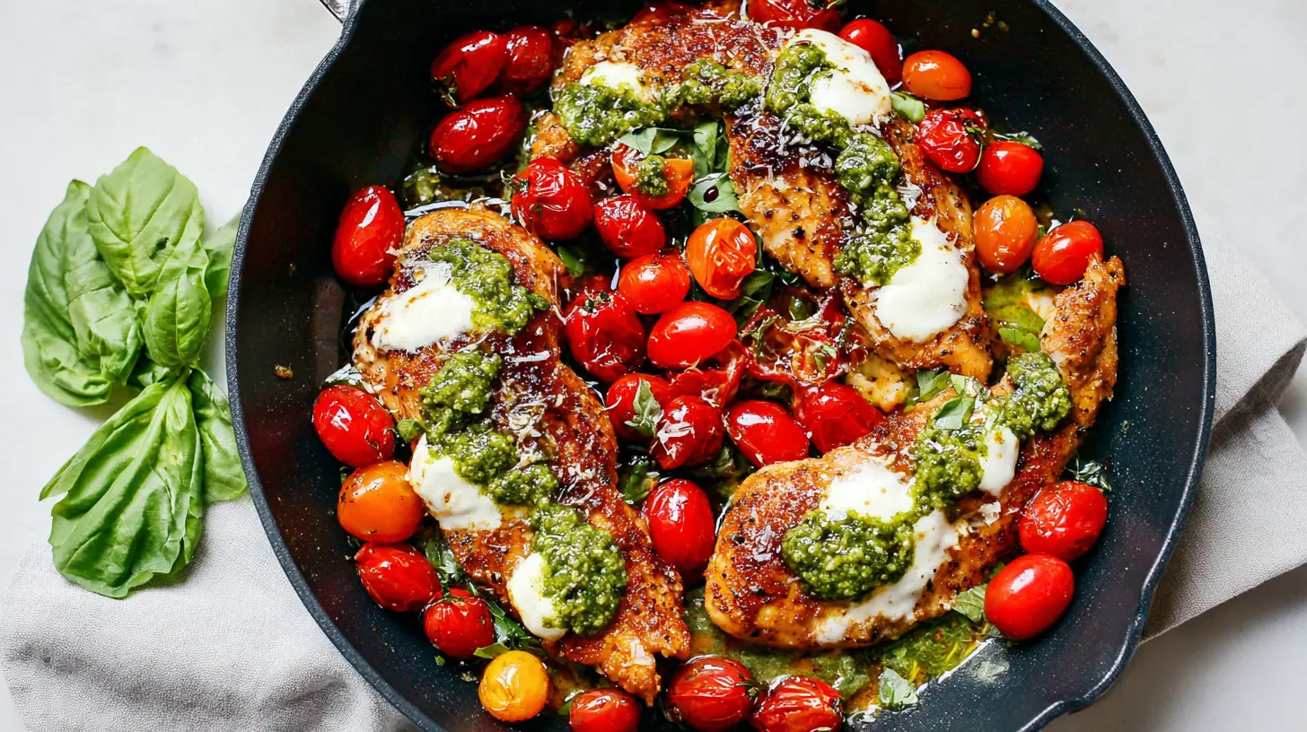 A baking dish filled with juicy one-pan chicken caprese, featuring vibrant tomatoes.