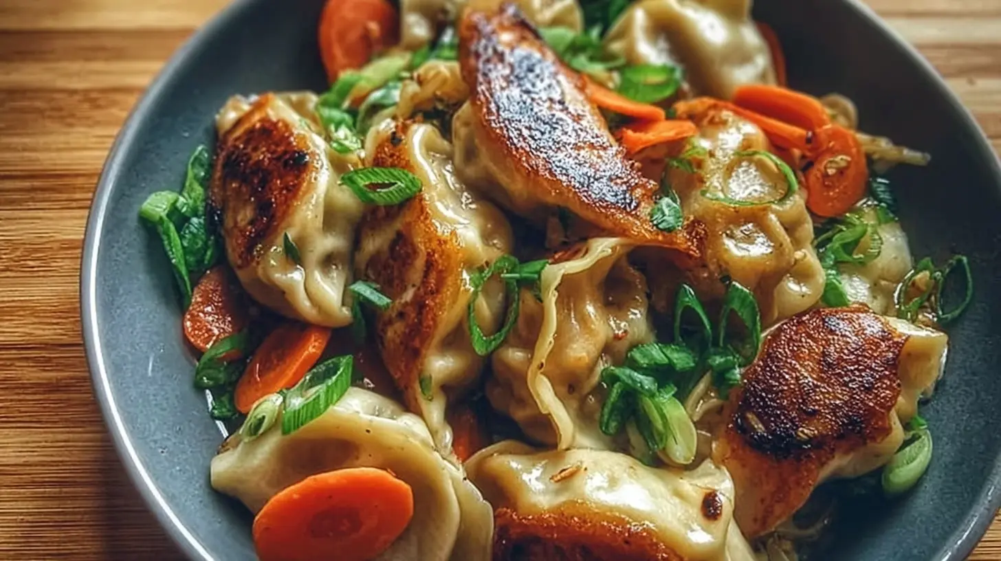 A plate of delicious Easy Potsticker Stir Fry with mixed vegetables.