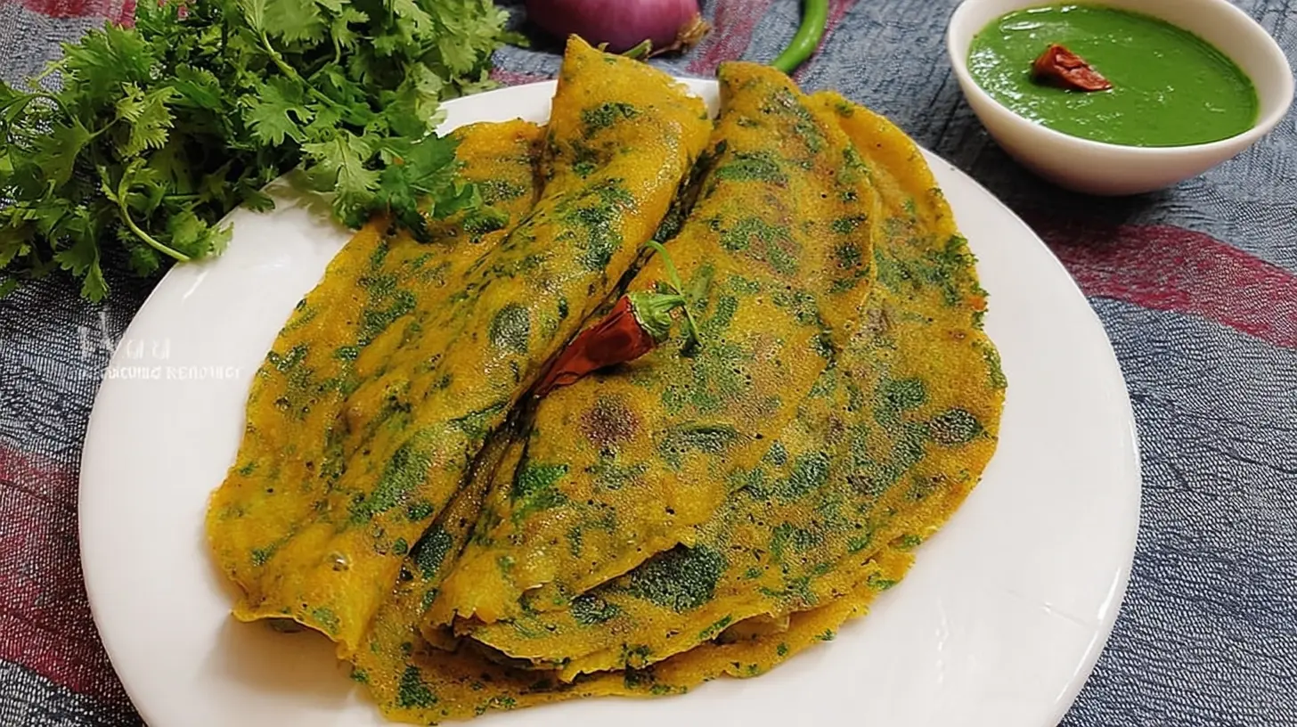 Close-up of a golden spinach cheela with herbs and spices