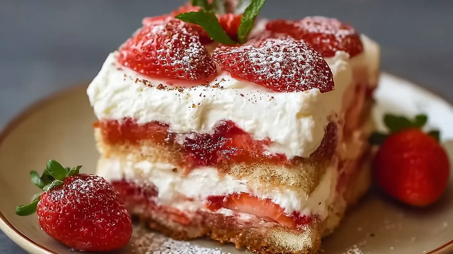 Delicious layers of No-Bake Strawberry Tiramisu, garnished with sliced strawberries.