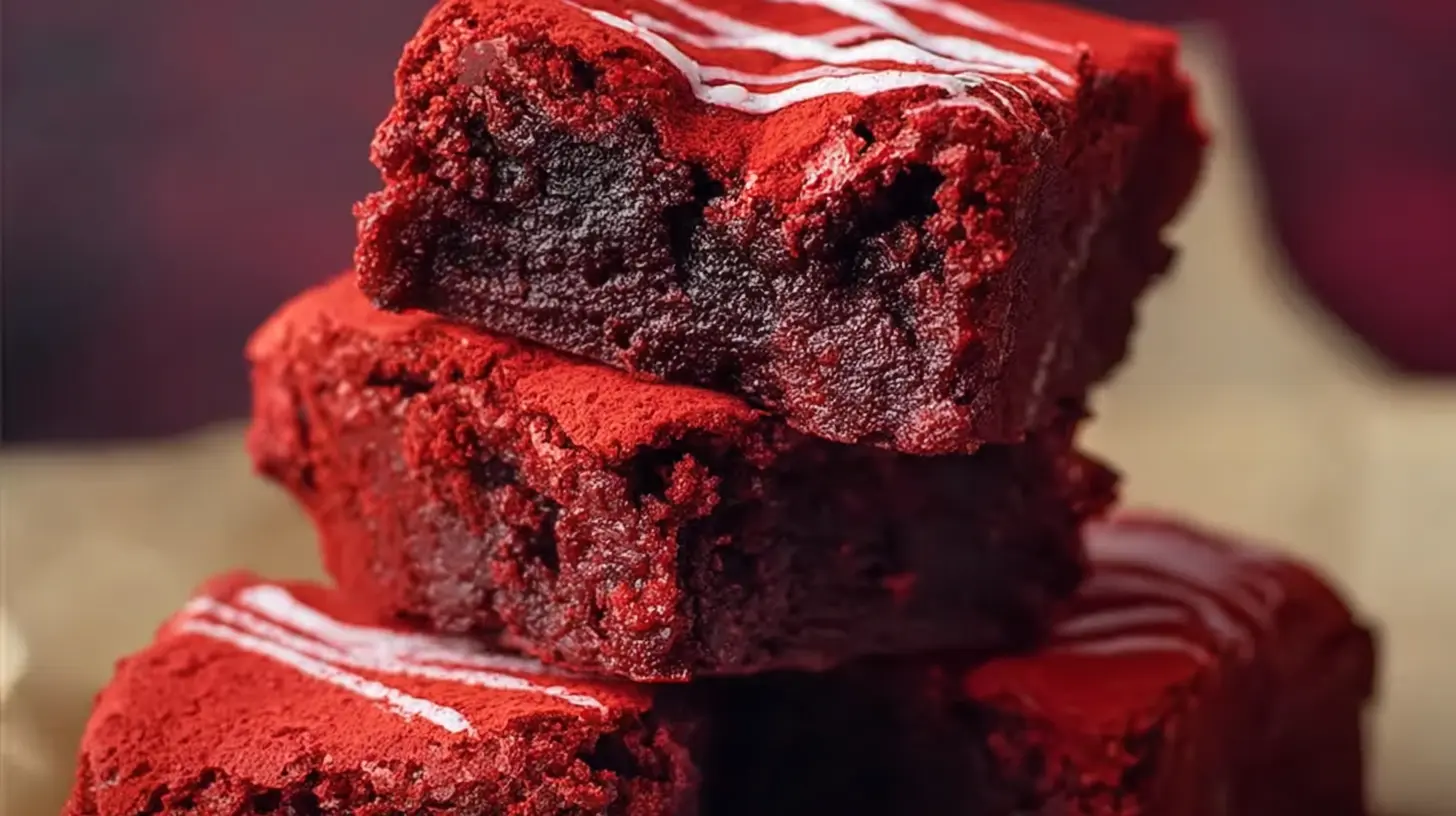 Close-up of decadent fudgy red velvet brownies with white chocolate swirls