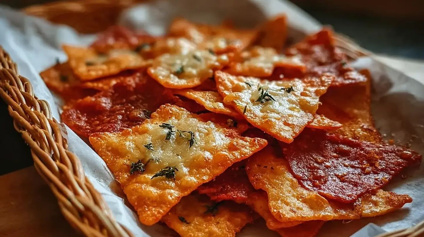 Golden-brown crispy pizza chips arranged on a white plate
