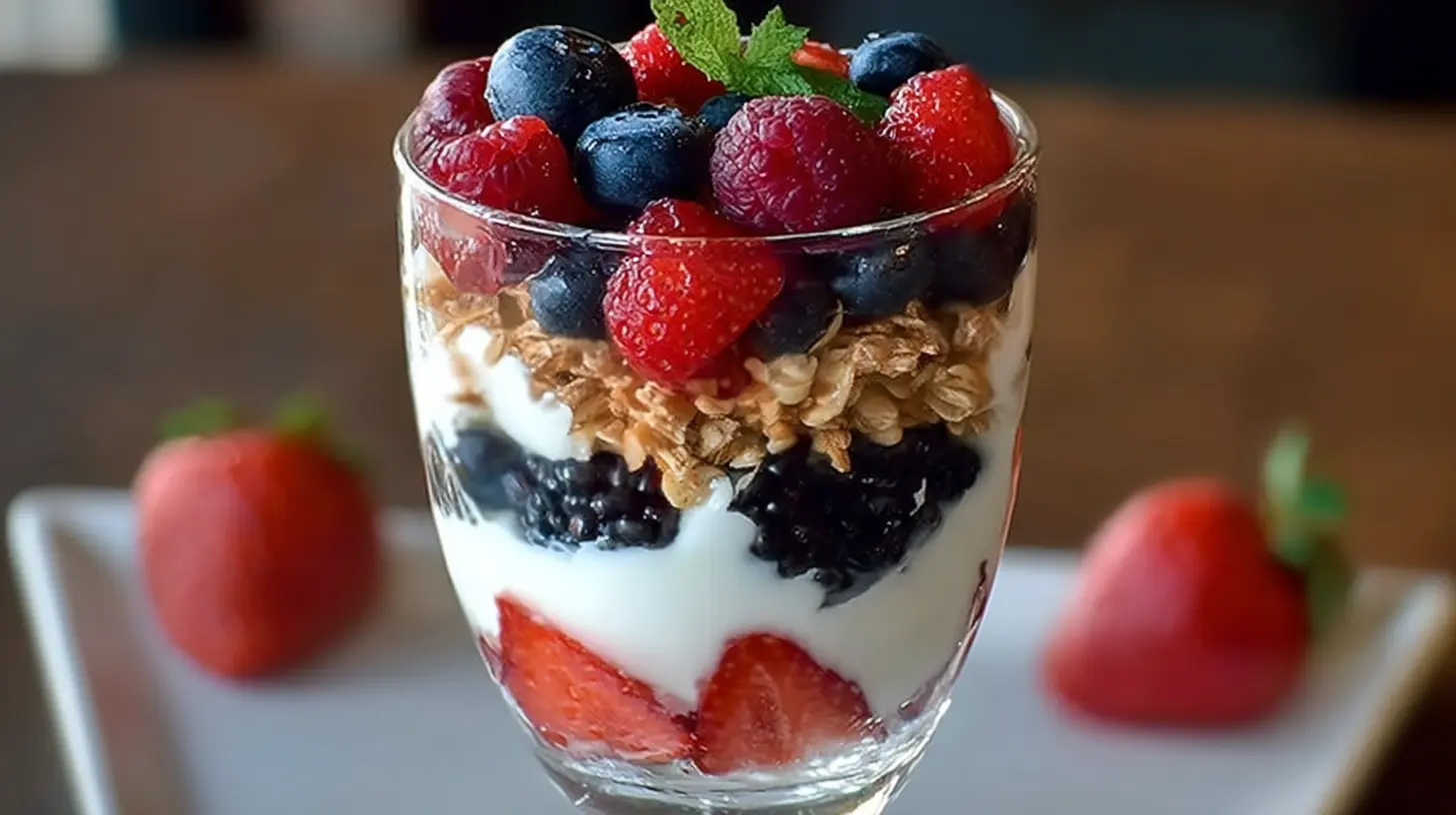 A bowl of fresh Greek yogurt topped with a variety of colorful berries.