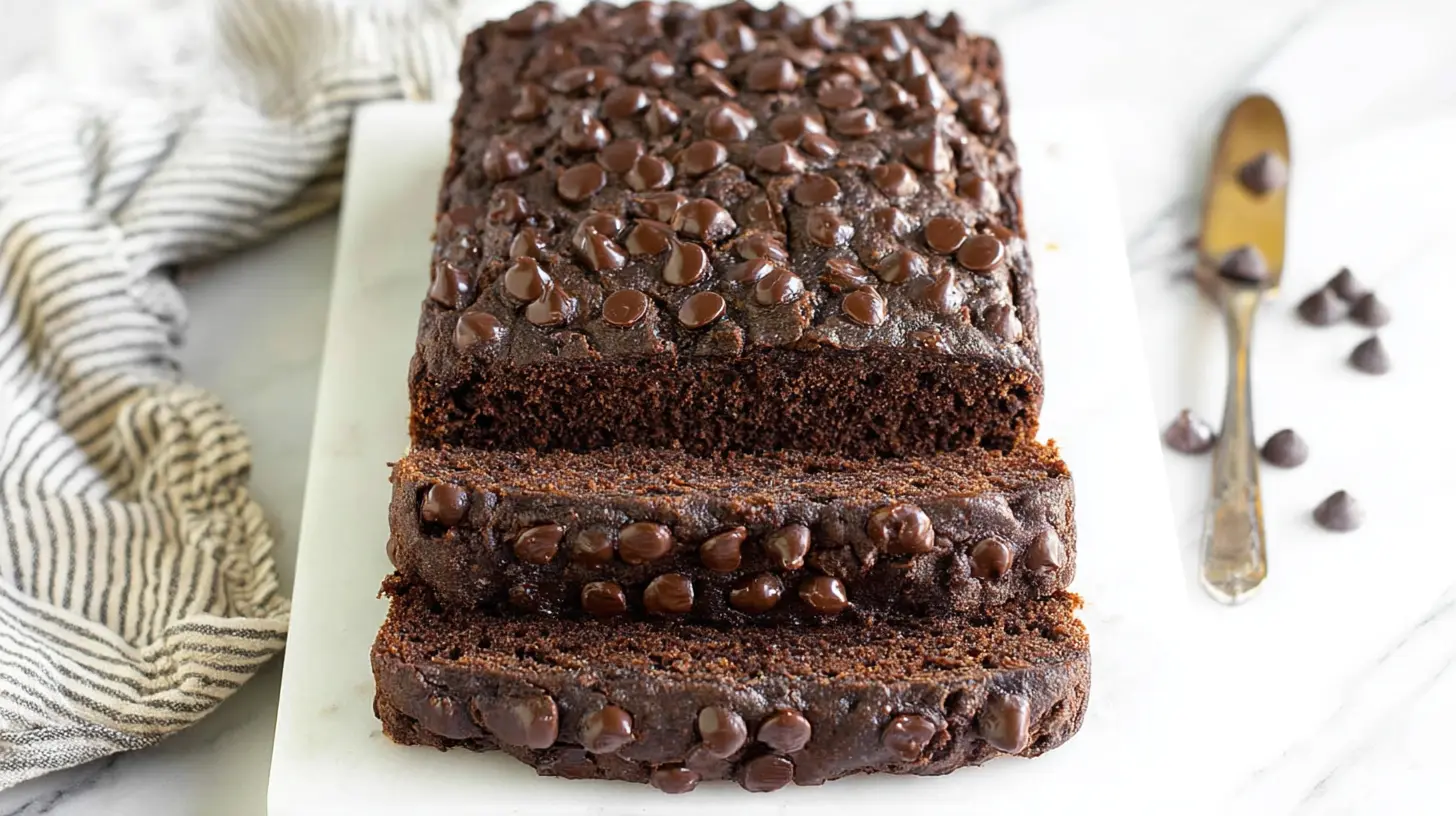 A slice of guilt-free chocolate banana bread delight, showing its moist texture.
