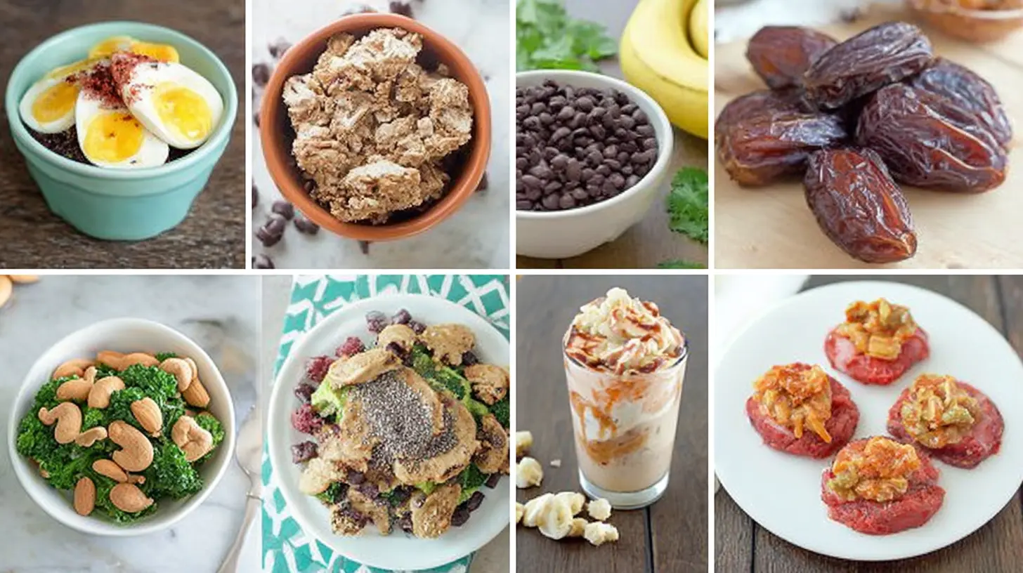 A vibrant healthy food menu display with a variety of nutritious dishes and snacks