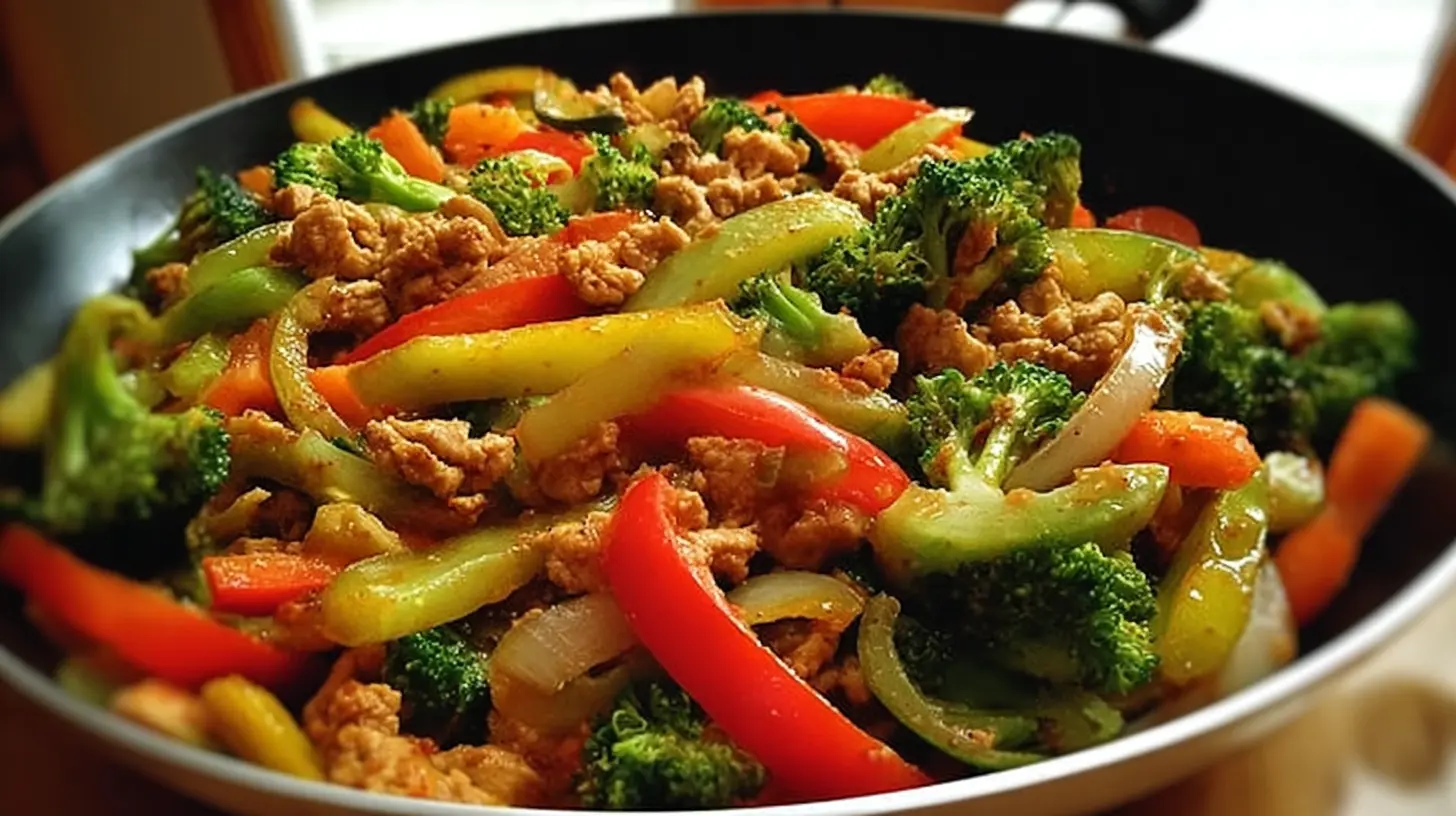 A vibrant Healthy Turkey Vegetable Stir-Fry in a large pan