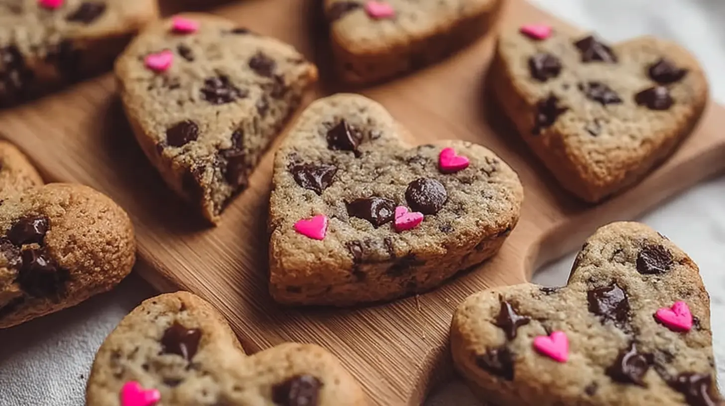 Delicious heart shaped chocolate chip cookies spread out