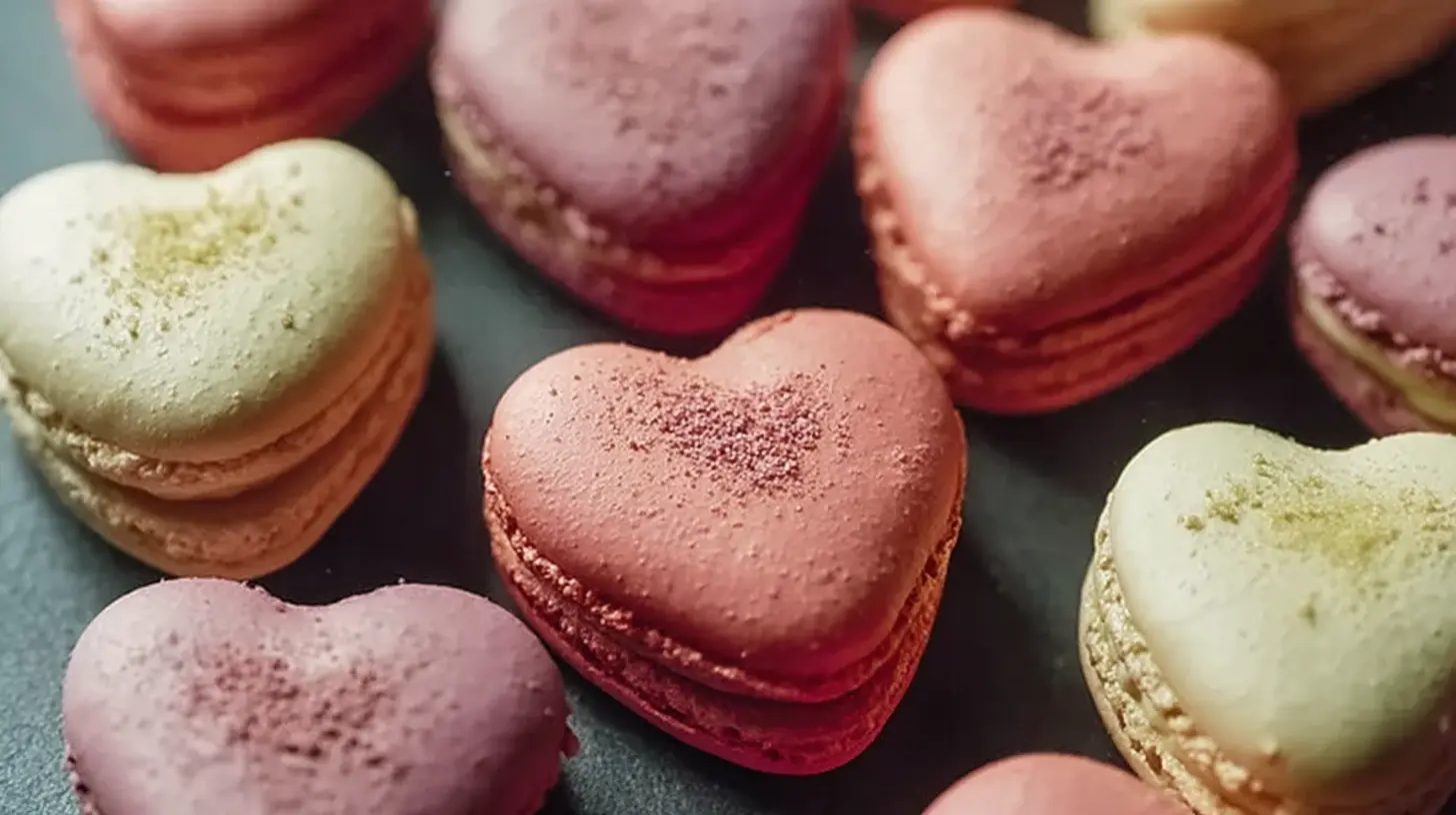 A collection of delicate heart-shaped macarons in various pastel colors