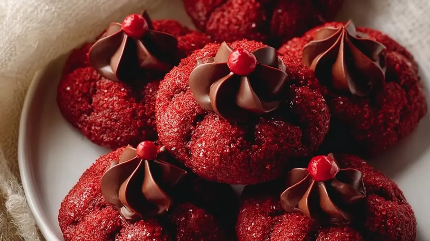 A close-up of Hershey's Red Velvet Blossoms, showcasing their soft red color and iconic Hershey's Kiss center.