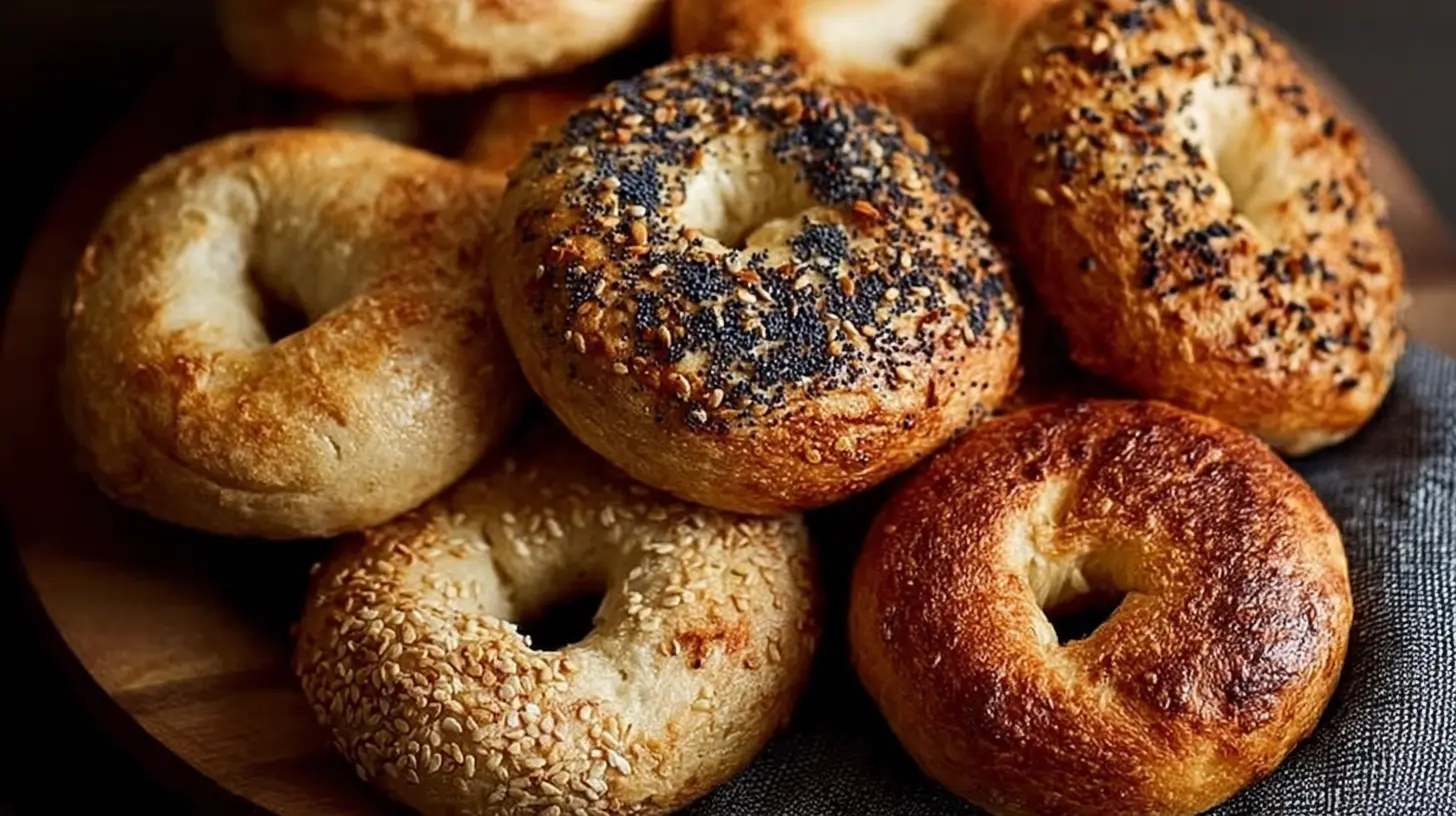 A stack of artisanal homemade bagels, golden brown and perfectly baked.