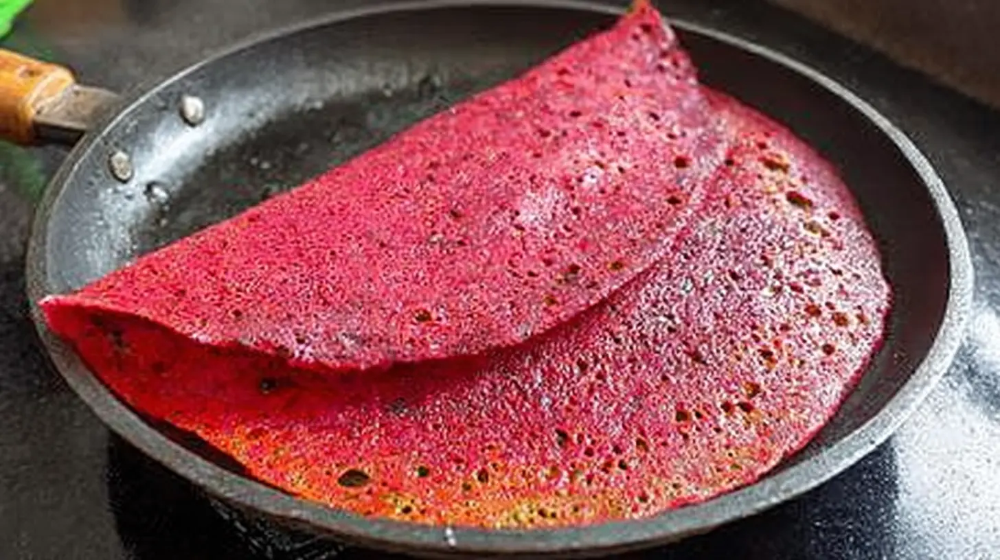 Instant crispy beetroot dosa recipe with a vibrant pink color, served perhaps with chutney.