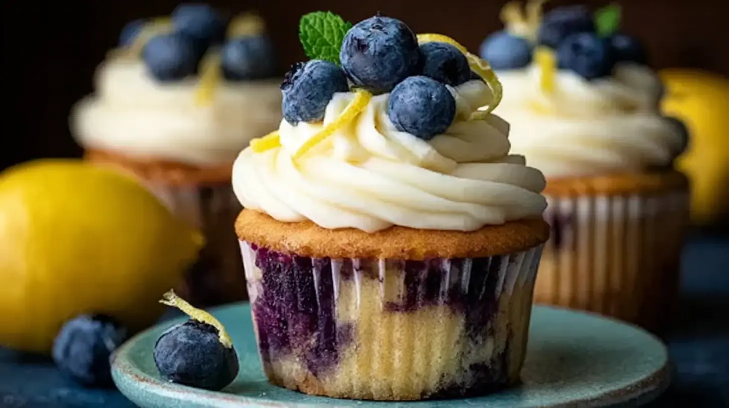 A trio of delicious lemon blueberry cupcakes, topped with swirl frosting and fresh blueberries.