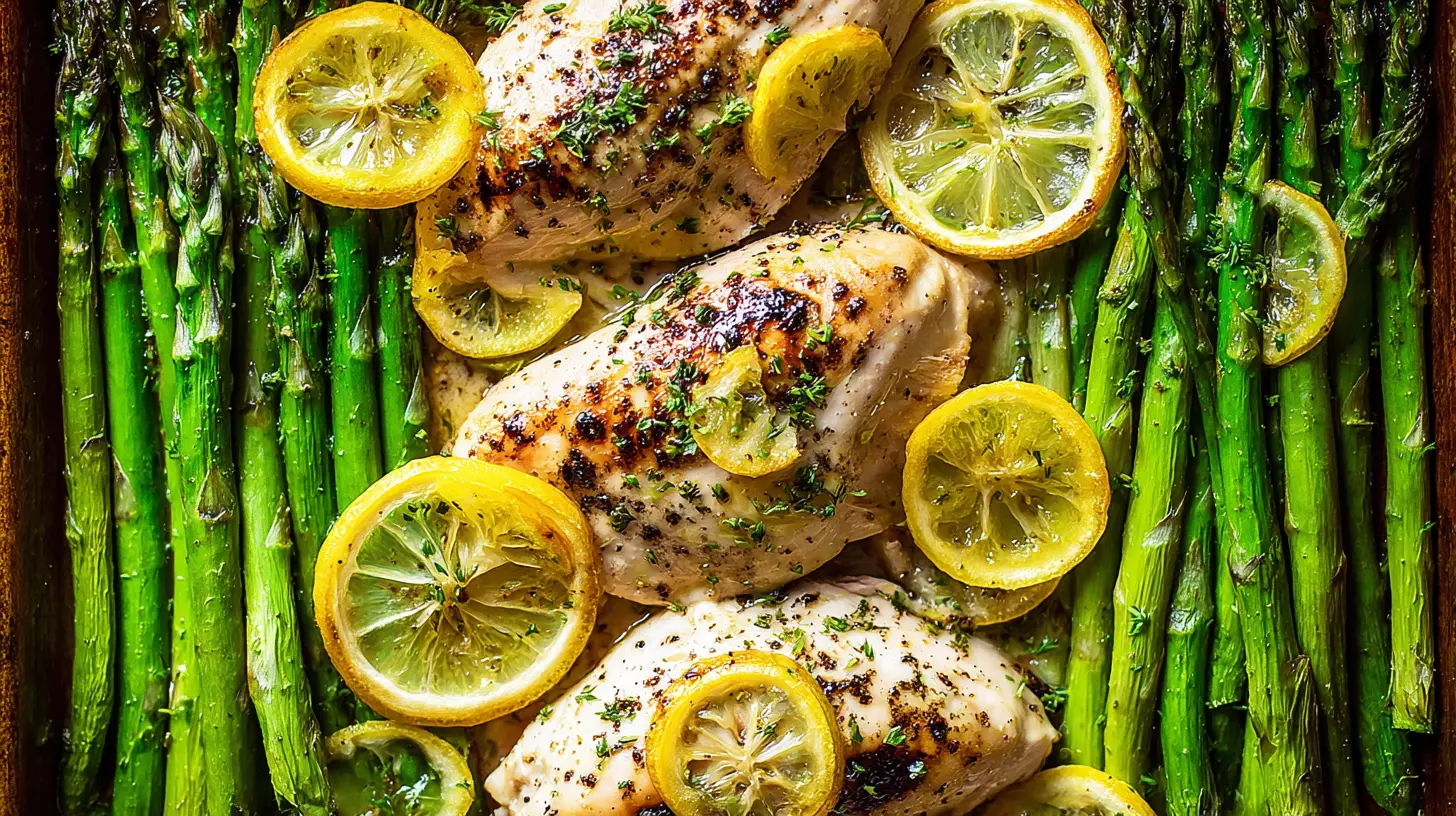 Roasted lemon herb chicken with asparagus spears, cooked to perfection.