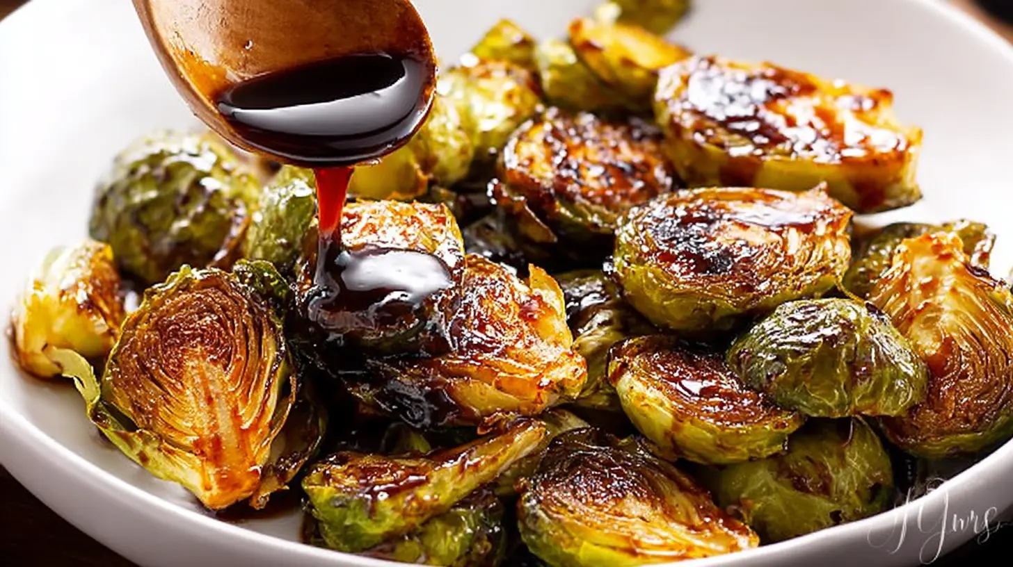 Maple Balsamic Chicken with crispy Brussels sprouts, artfully plated with a sweet glaze.