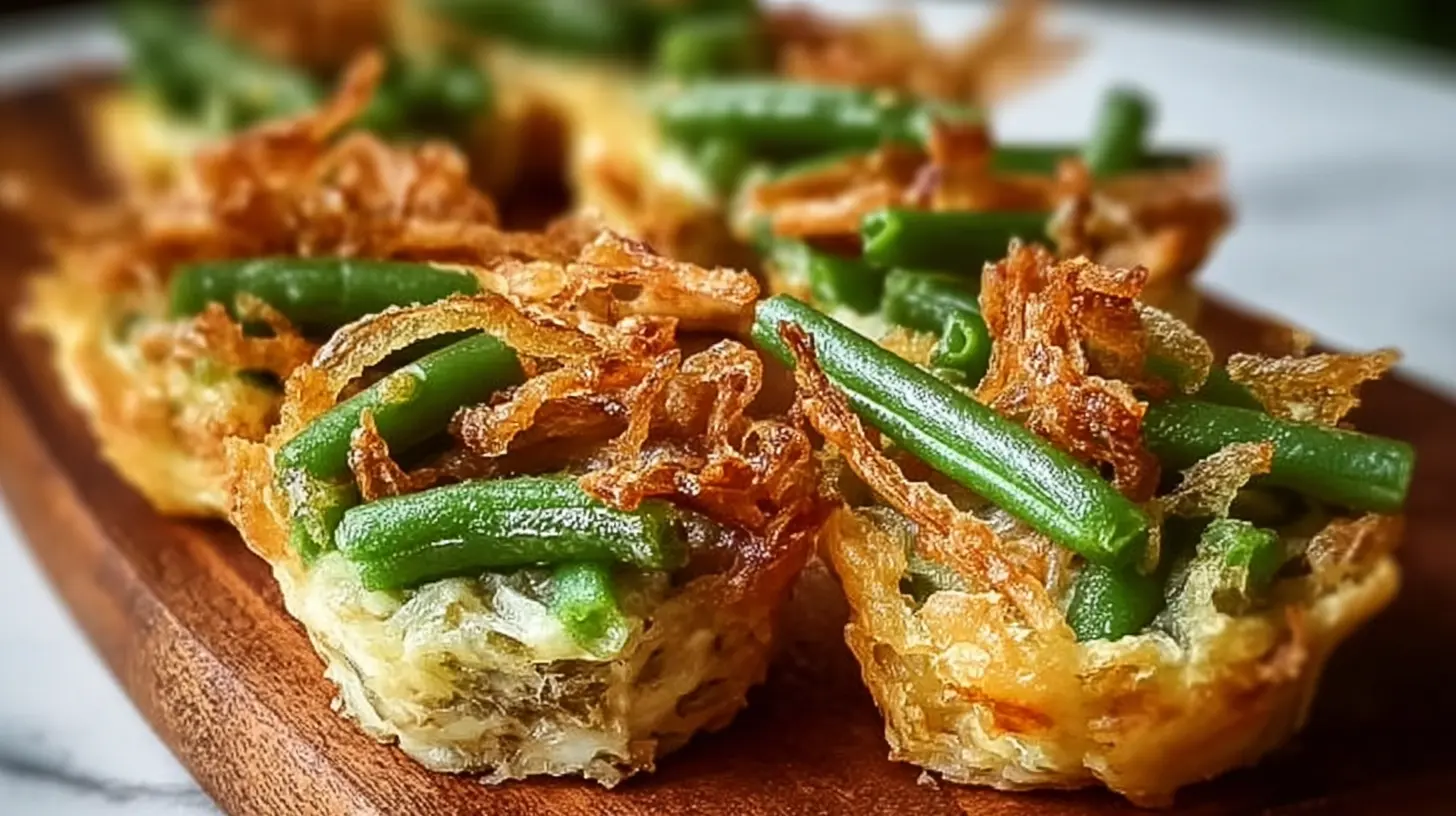 Close-up of mini green bean casserole bites on a serving platter