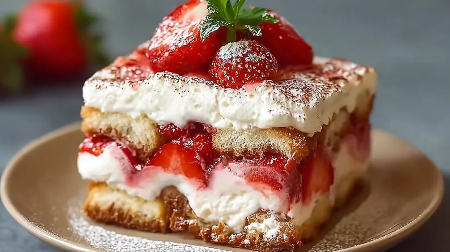 A vibrant No-Bake Strawberry Tiramisu dessert layer with fresh strawberries.