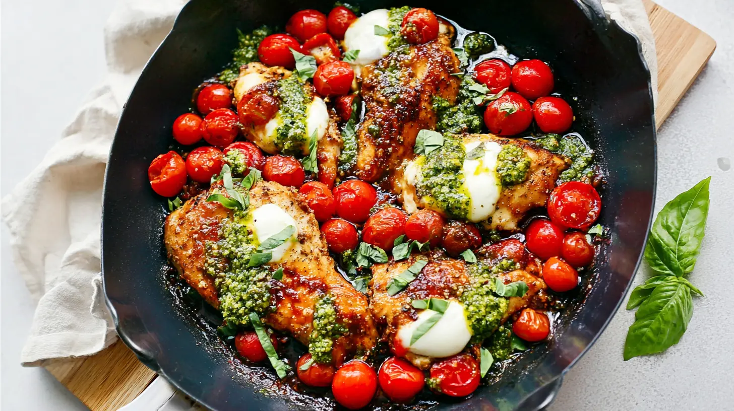One-Pan Chicken Caprese with melted mozzarella, ripe tomatoes, and fresh basil.