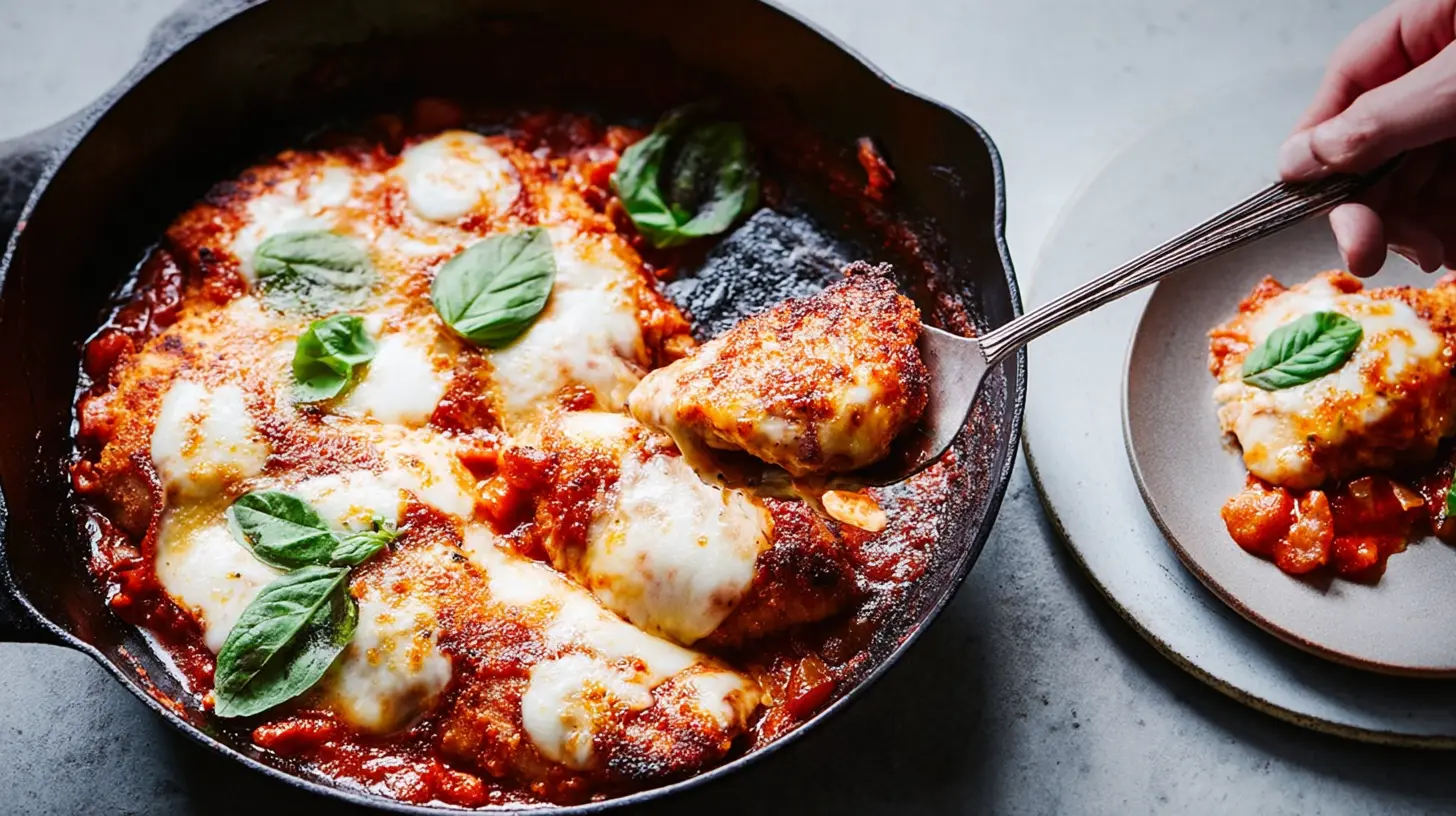 A saucy one-pan chicken parmesan skillet with melted cheese and fresh herbs
