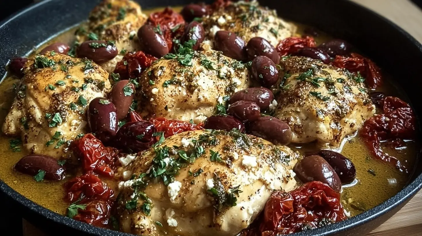 One-pan Greek chicken dish with olives and feta cheese, showcasing briny and fresh ingredients.
