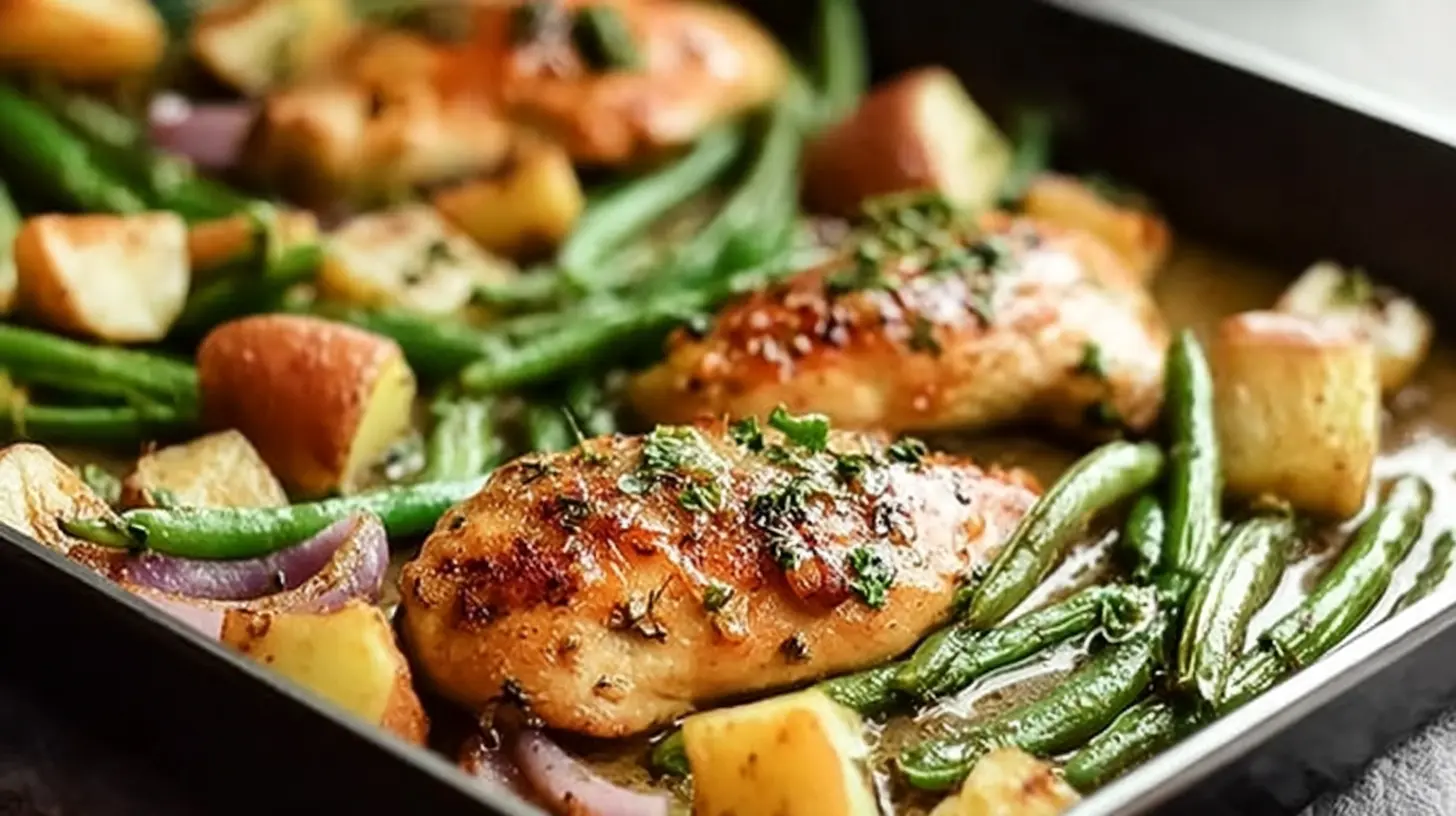 A one-pan honey mustard chicken and green beans dinner baking in the oven.