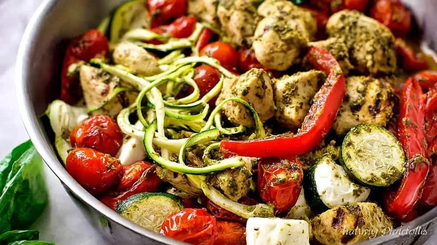 One-pan pesto chicken with zucchini and peppers, golden brown and juicy