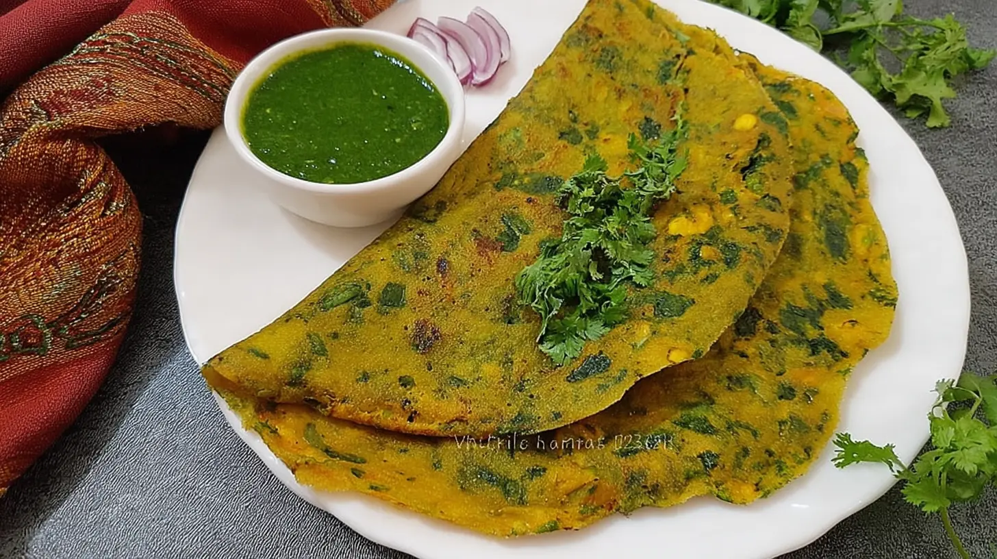 A freshly made palak chilla recipe served with chutney on a plate