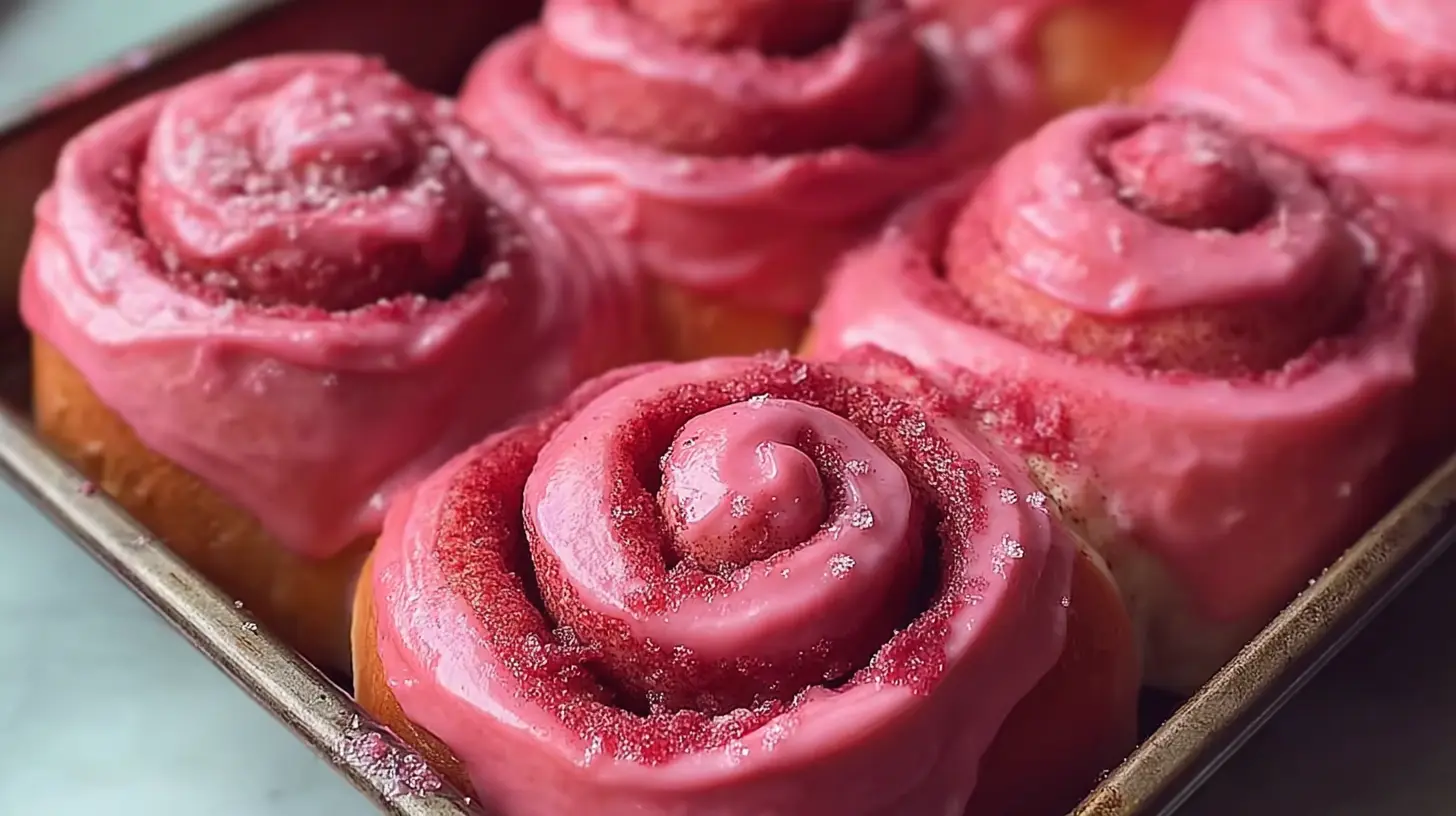Freshly baked pink velvet cinnamon rolls artfully arranged.