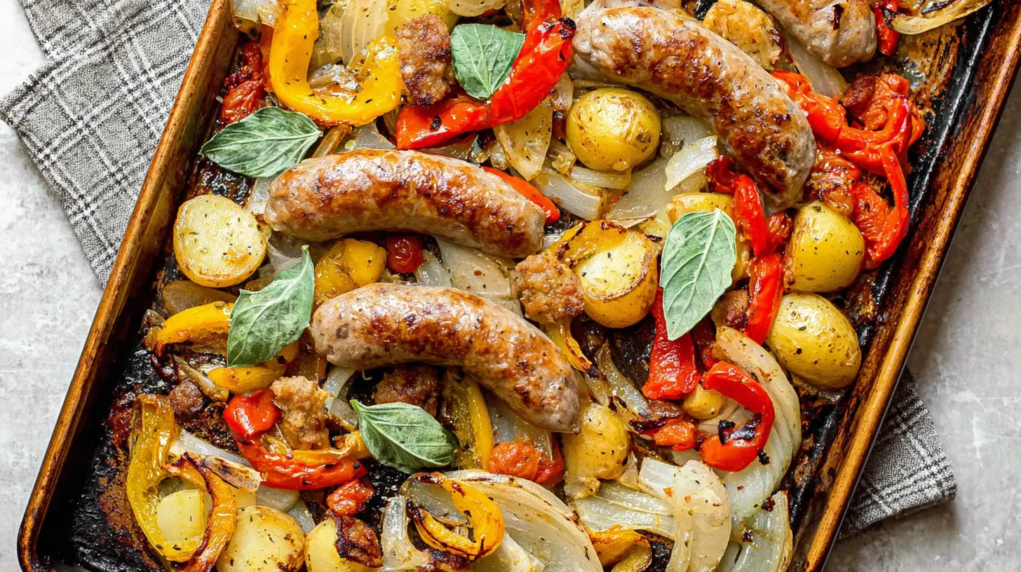 Delicious sheet pan sausage, bell peppers, and small potatoes roasted together on a baking sheet.