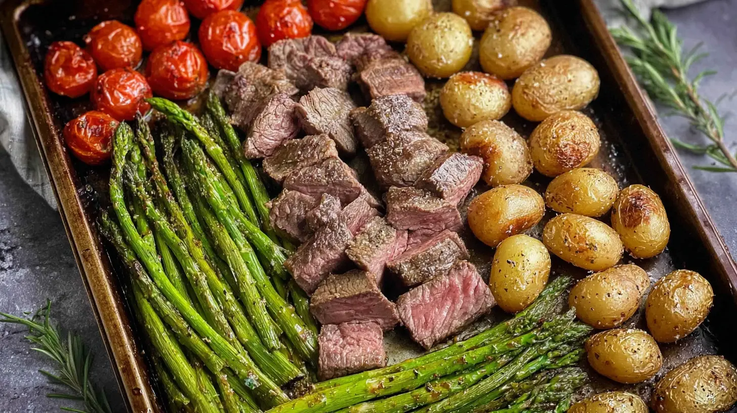 Delicious sheet pan steak bites with tender green asparagus