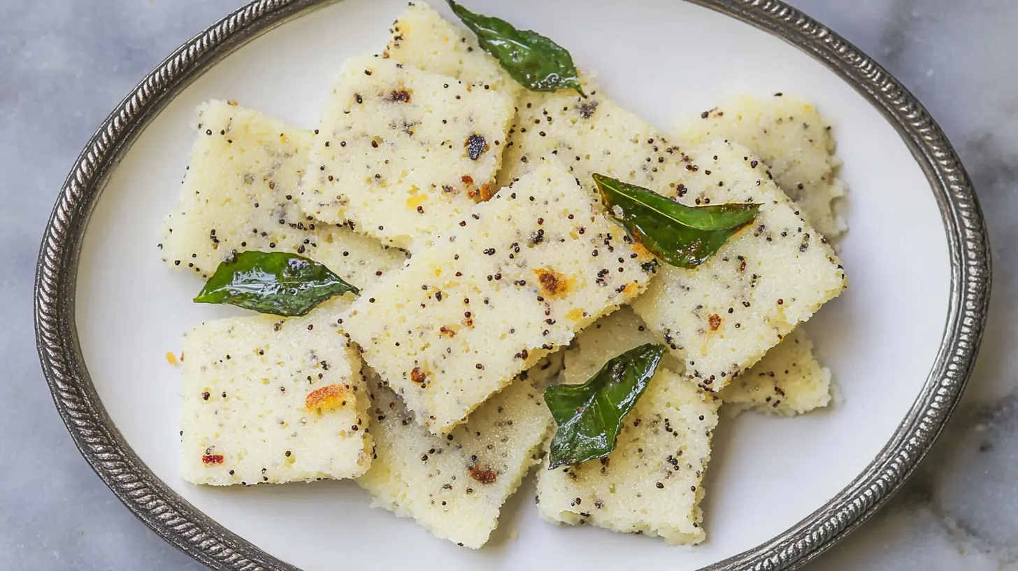 Steamed Rava Dhokla garnished with coriander and mustard seeds