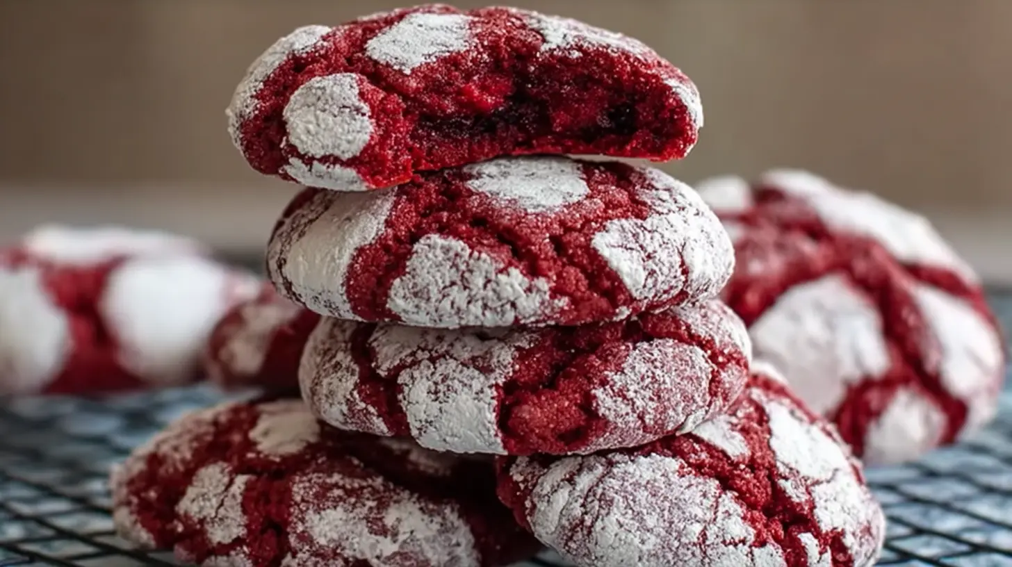 Delicious red velvet crinkle cookies dusted with powdered sugar